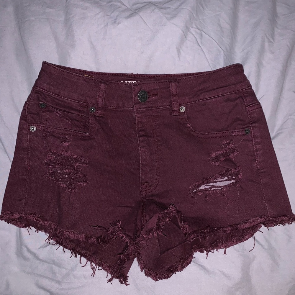 American Eagle Maroon Distressed Shorts